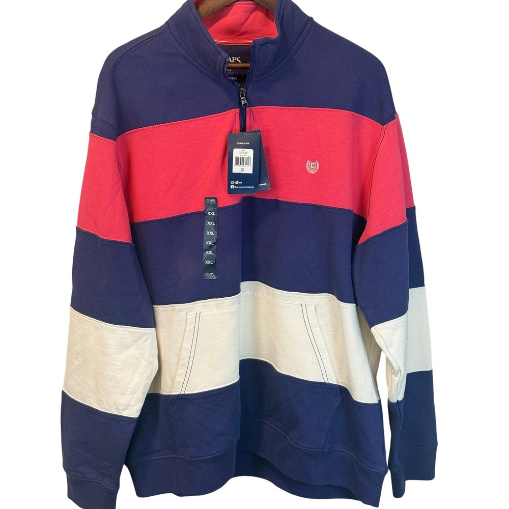 NWT Mens XXL CHAPS Everyday Fleece Blue Red Stripe Quarter Zip Pullover Size XXL